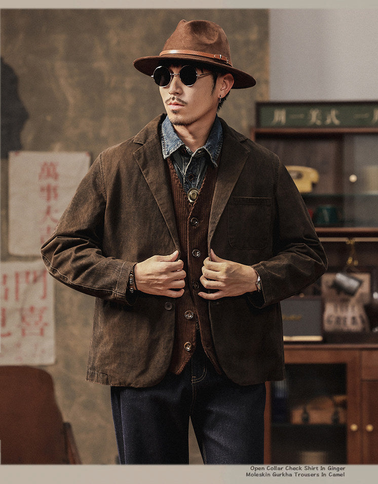 Vintage Mottled Distressed Cotton Blazer - American Casual Washed Suit (Men)