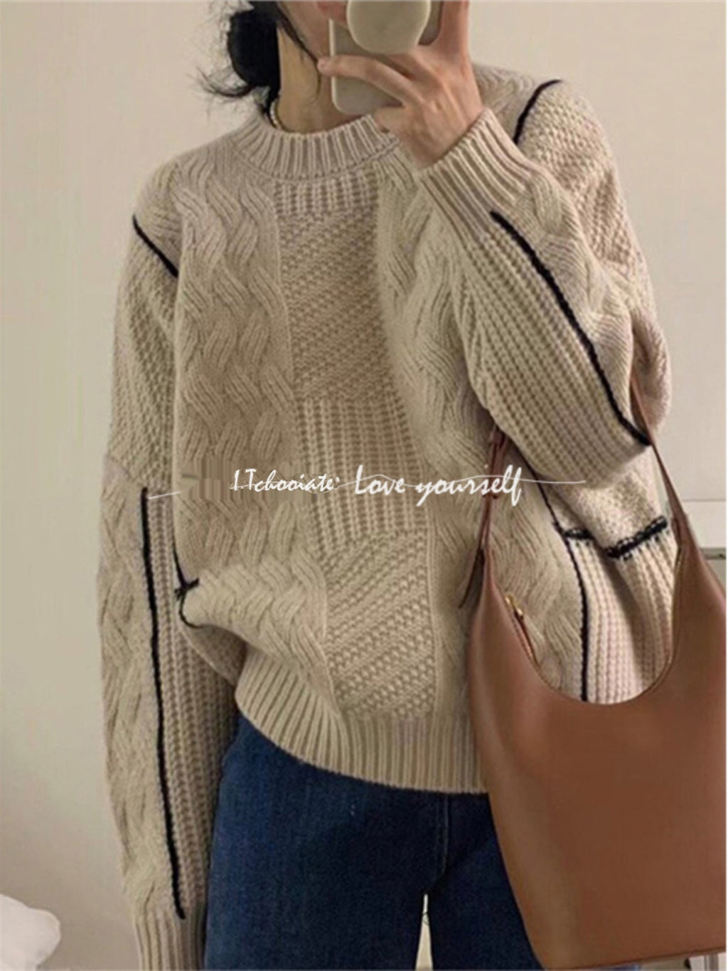 I.Tchooiate Retro Japanese Style Lazy Round Neck Cable Knit Sweater for Women, Thickened Design Top for Autumn and Winter