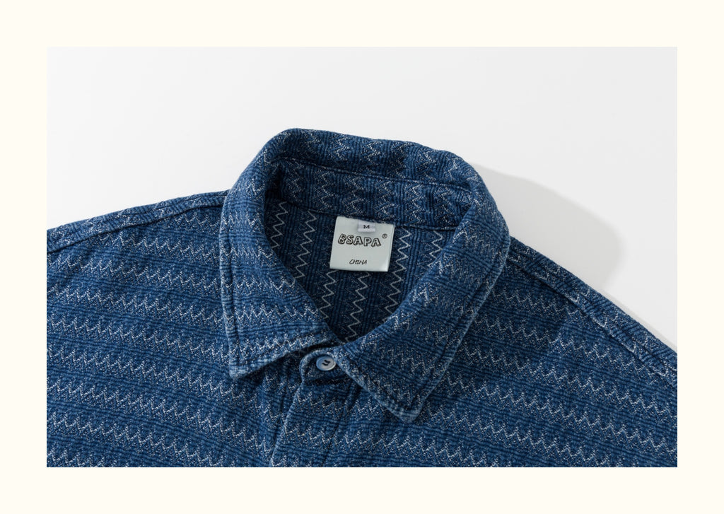 Japanese Ethnic Jacquard Denim Shirt Jacket – Loose & Cozy for Autumn/Winter