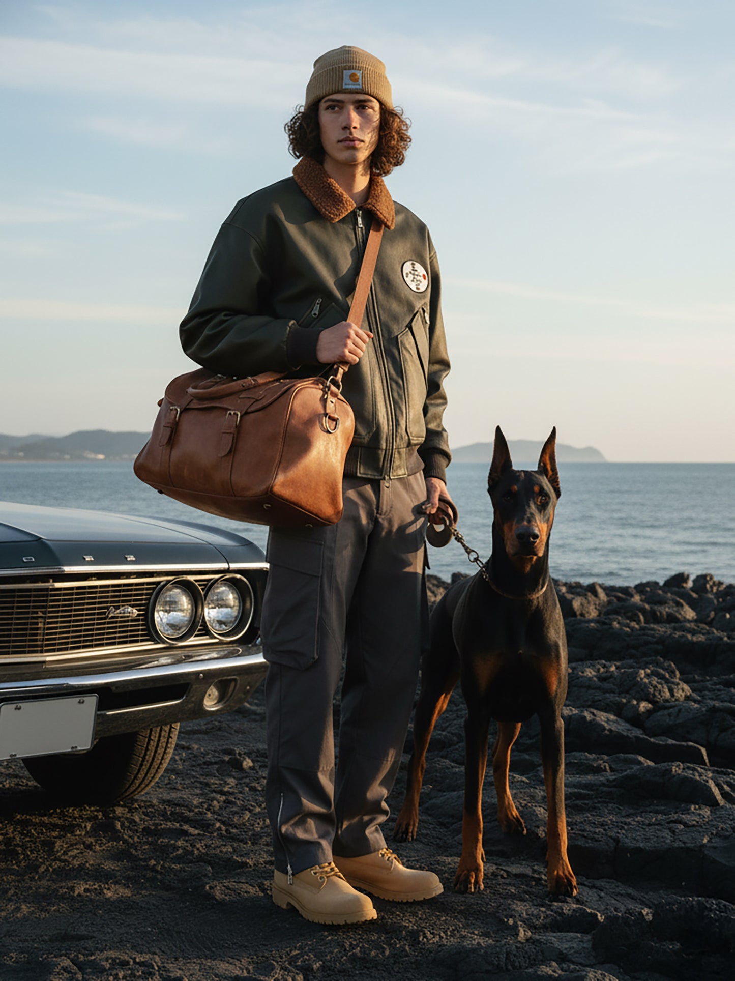 American Retro Leather Cotton Jacket - Lamb Wool Embroidered Coat (Men)