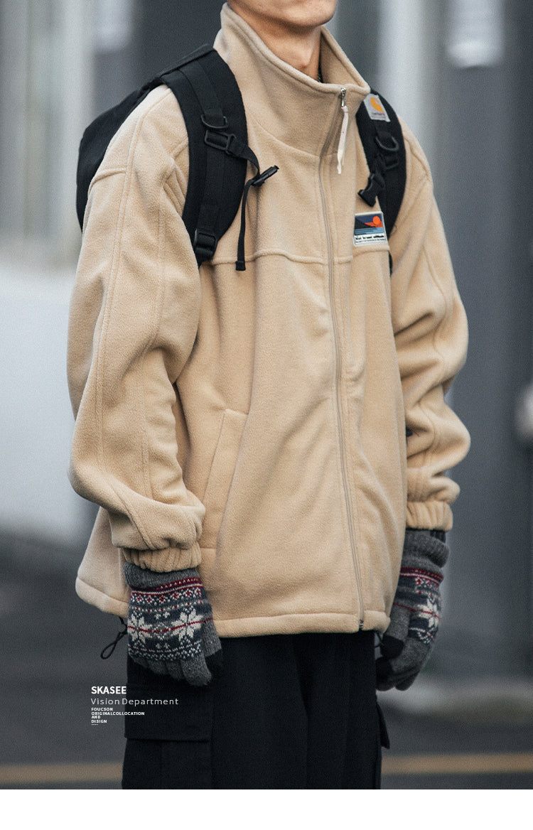 25 Winter Fleece Cardigan Cotton Jacket Men's Trendy Loose Couple Sweatshirt Men's BF Style Stand Collar Casual Top Coat