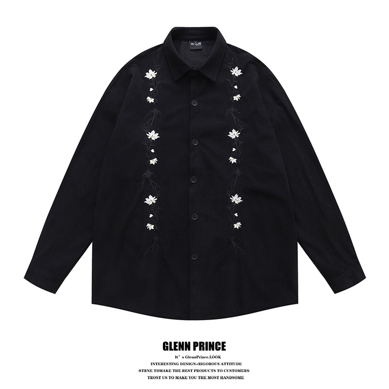 GPStudio American-Retro Floral Embroidery Corduroy Shirt – Long Sleeve, Loose Fit