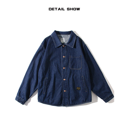 Japanese Retro Workwear Denim Shirt – Loose Turn-Down Collar for Spring/Autumn