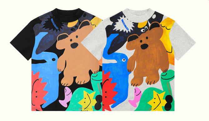 Vintage Fun Cartoon Print Regular Shoulder Short Sleeve T-Shirt for Women Summer Niche Design Slim Fit Top