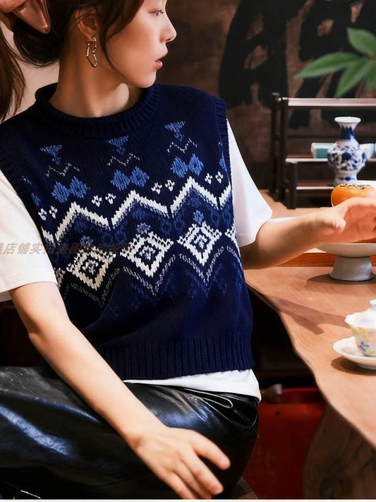 Women's Autumn Winter Fair Isle Crochet Vest - Japanese Nordic Style Sleeveless Knitted Waistcoat