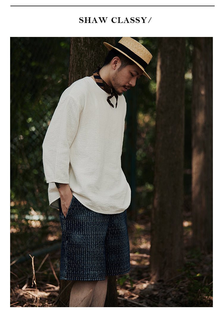 Original Japanese Retro White Sashiko Spring Summer Loose Couple Style Short Sleeve Embroidered Casual Three-Quarter Sleeve T-Shirt for Men