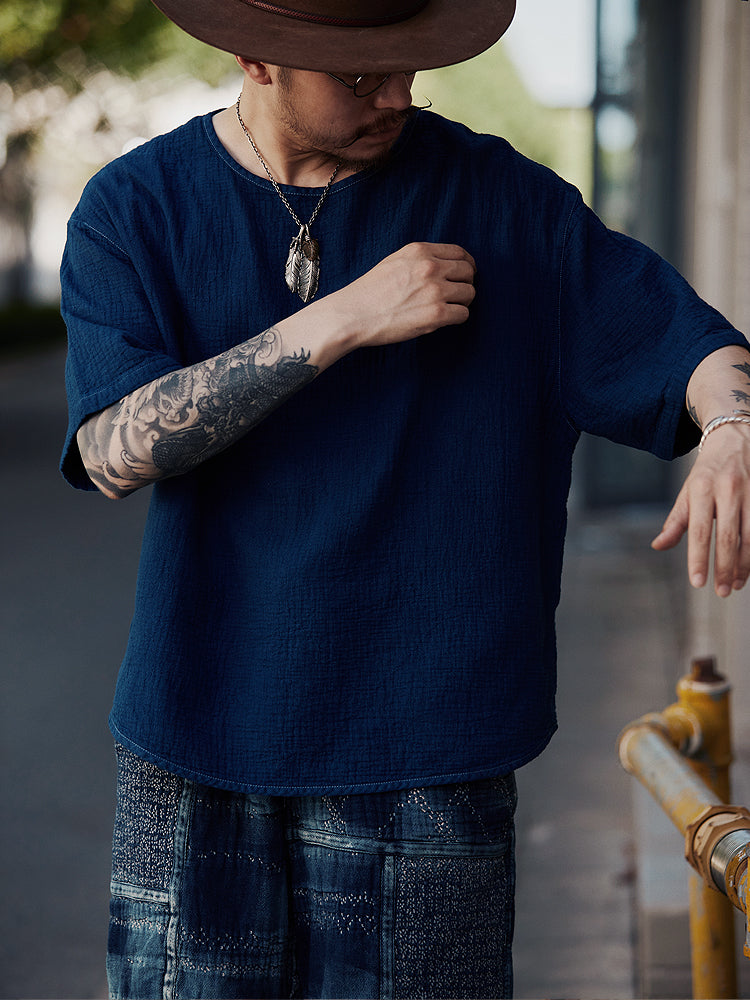 Original Japanese Retro Indigo Dyed Loose Couple Style Casual Short Sleeve T-Shirt