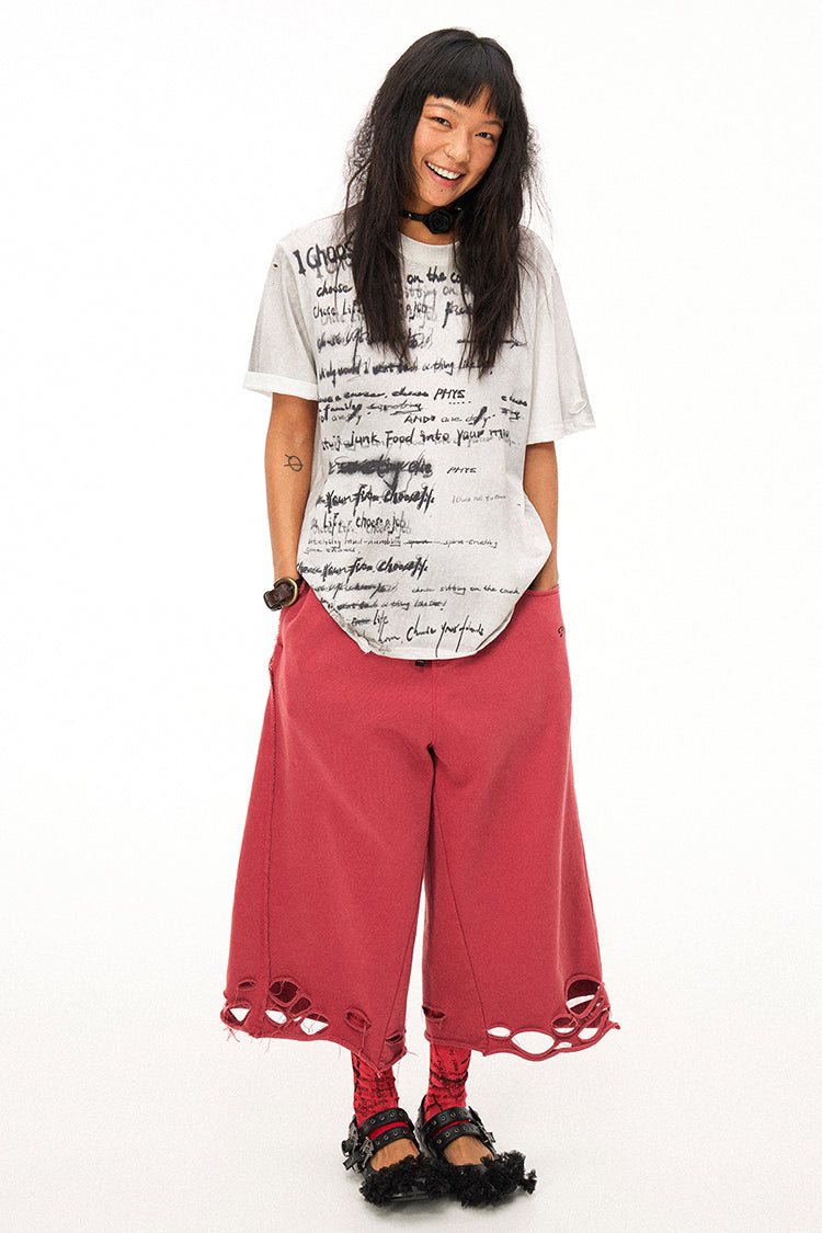 Handwritten Print Soft Skin-friendly Distressed Loose Short Sleeve T-shirt