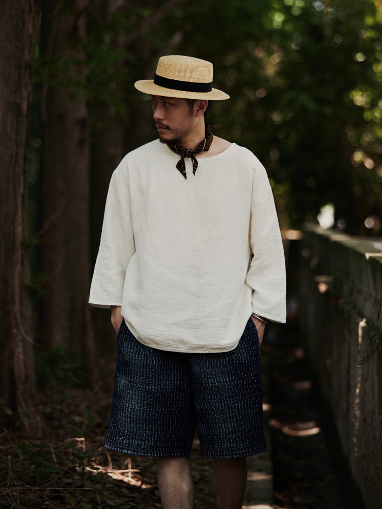 Original Japanese Retro White Sashiko Spring Summer Loose Couple Style Short Sleeve Embroidered Casual Three-Quarter Sleeve T-Shirt for Men