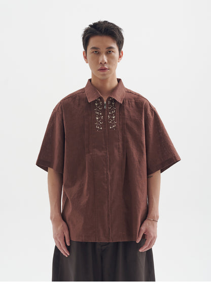 25SS Ramie Blend Passionflower Embroidery Washed Vintage Japanese Style Retro Short Sleeve Shirt