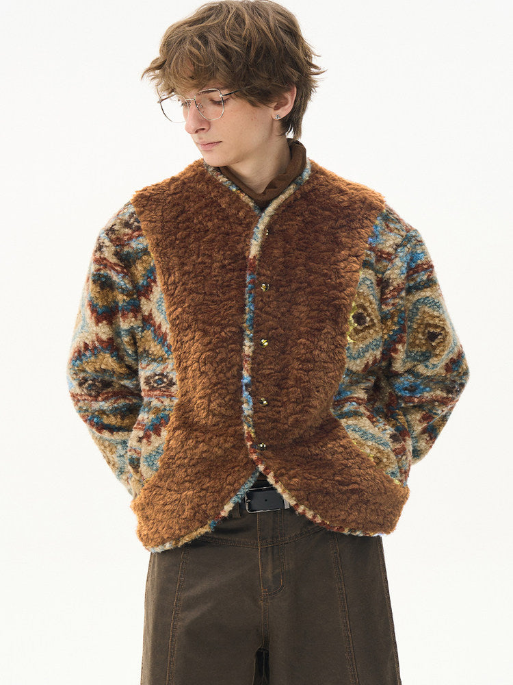 Printed Wool Patchwork Coat - Eco-Friendly Wooden Button Warm Jacket
