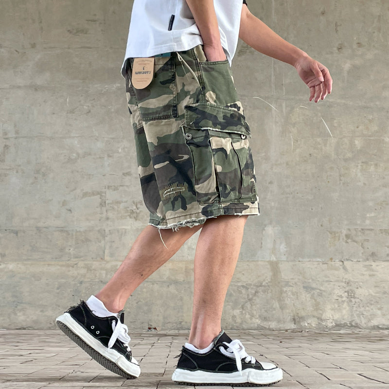 Men's American Street Retro Cargo Pants - Camouflage Heavy Washed Ripped Straight-Leg Pants