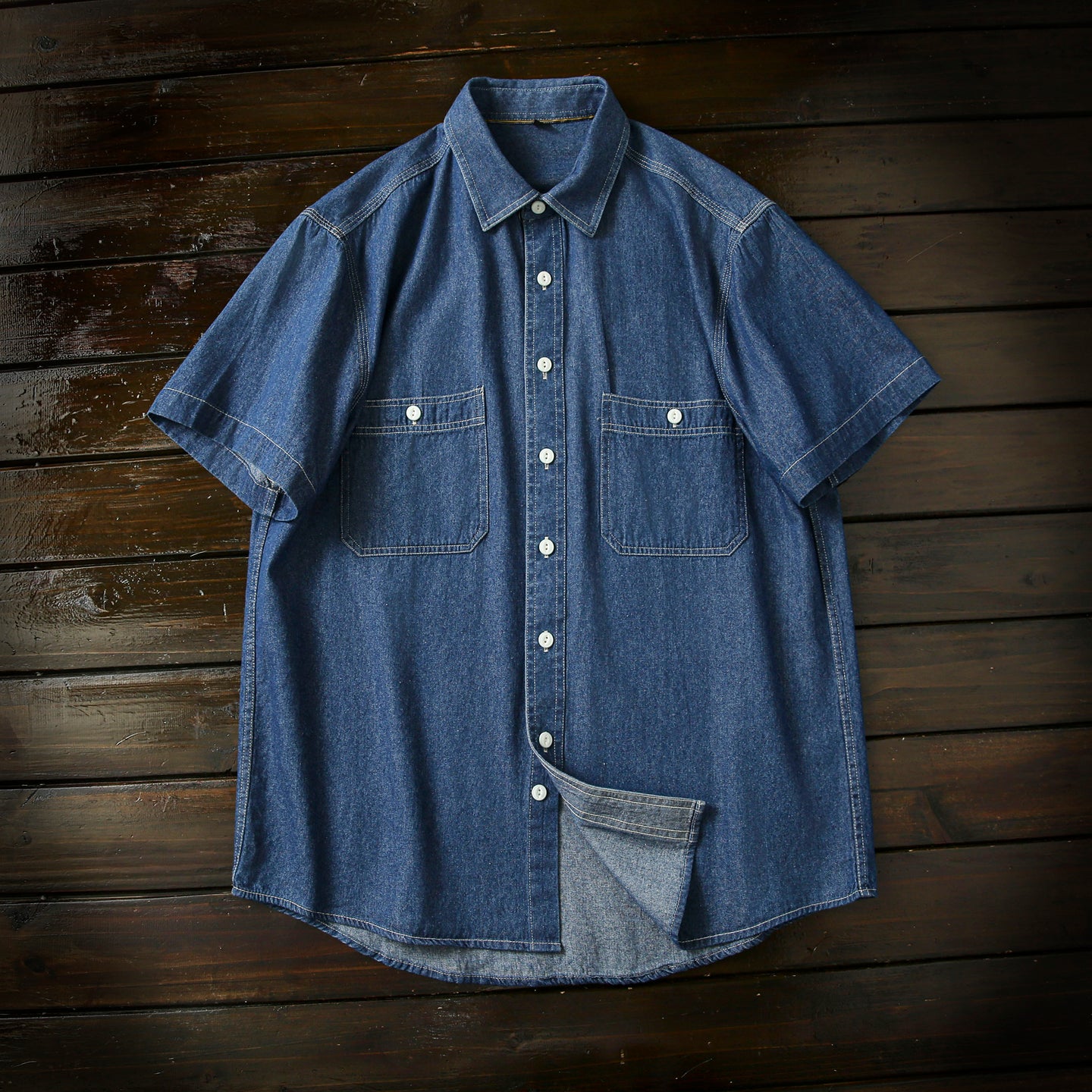 Vintage Washed Cotton! Men's Summer Turn-down Collar Multi-pocket Denim Short Sleeve Shirt Plus Size