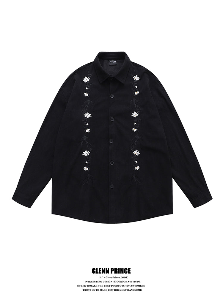 GPStudio American-Retro Floral Embroidery Corduroy Shirt – Long Sleeve, Loose Fit