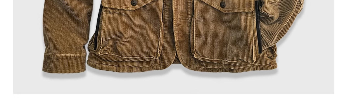 Corduroy Western Hunting Jacket for Men, Washed Multi-Pocket Outdoor Adventure Workwear Retro Windbreaker Jacket