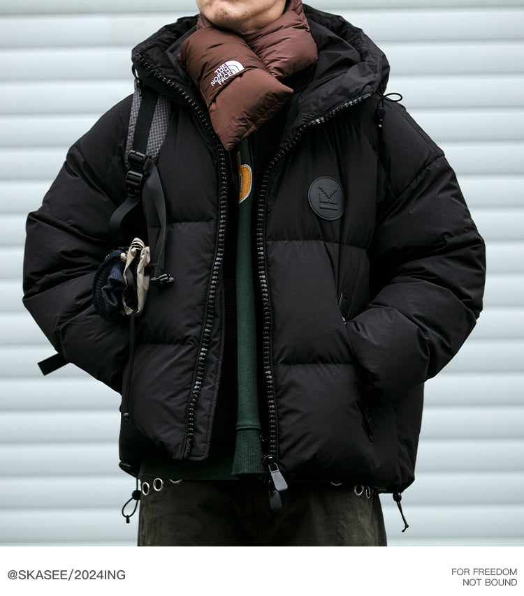 Detachable Fake Two-Piece Wool Collar Puff Feel Down Jacket Men Winter Trendy Loose Thickened Plaid Pattern Coat Trendy
