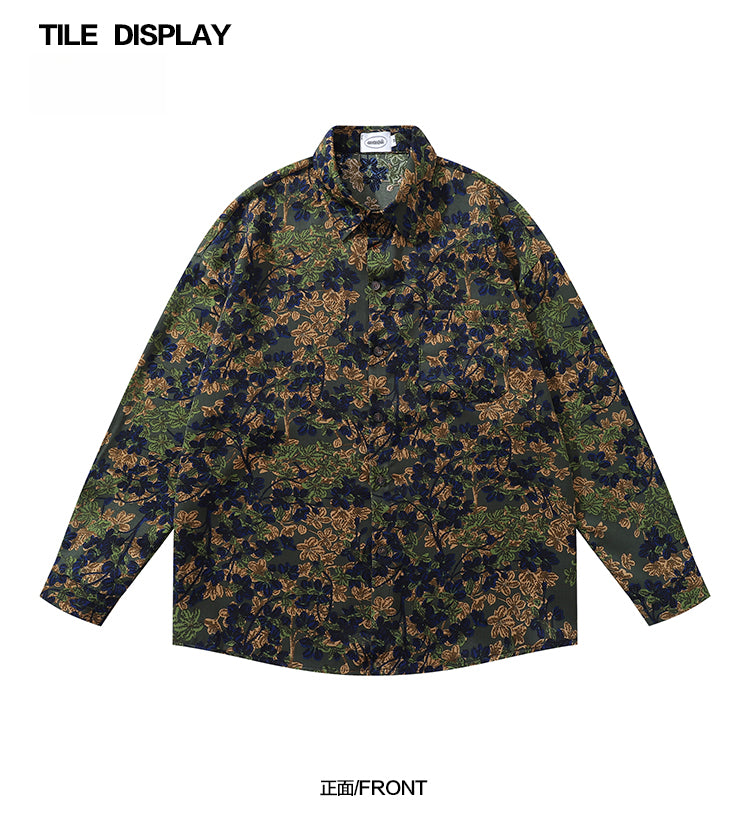 Japanese Style Trendy Floral Print Long Sleeve Shirt for Men Autumn Travel Vacation Lazy Casual Floral Shirt
