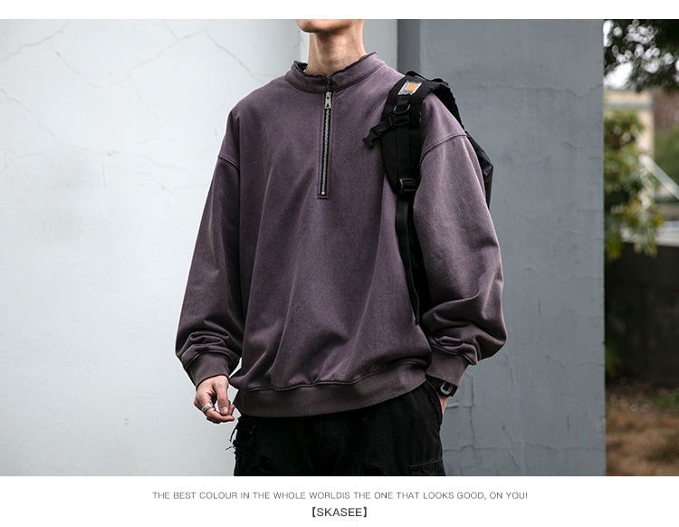 Unisex 465g Washed Vintage Sweatshirt - Boxy Half-Zip Snowflake Knit Pullover