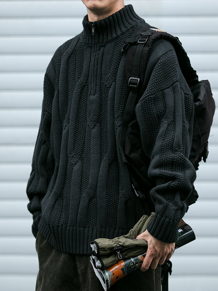 Winter Heavyweight High Grammage Non-Itchy Thick Cable Knit Stand Collar Pullover Sweater American Retro Half-Zip Thickened Coat