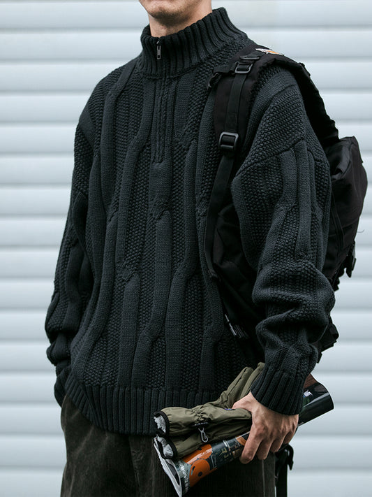 Men's Winter Heavyweight Cable Knit Sweater - American Retro Half-Zip Stand Collar