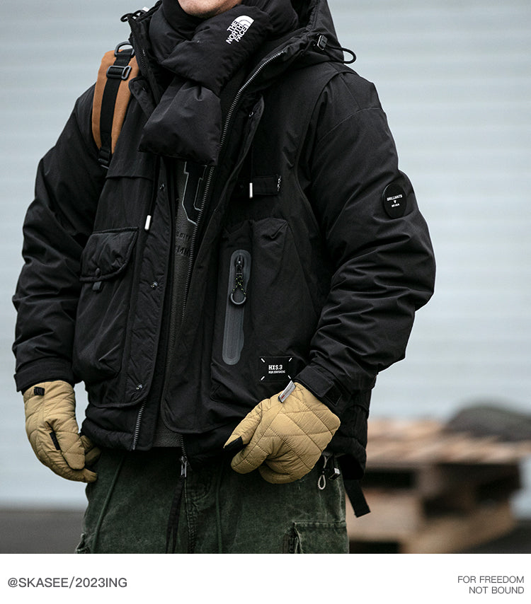 Winter Workwear Hooded Down Jacket Men's Trendy Loose Outdoor Multi-Pocket Functional 90% White Duck Down Warm Coat Trendy