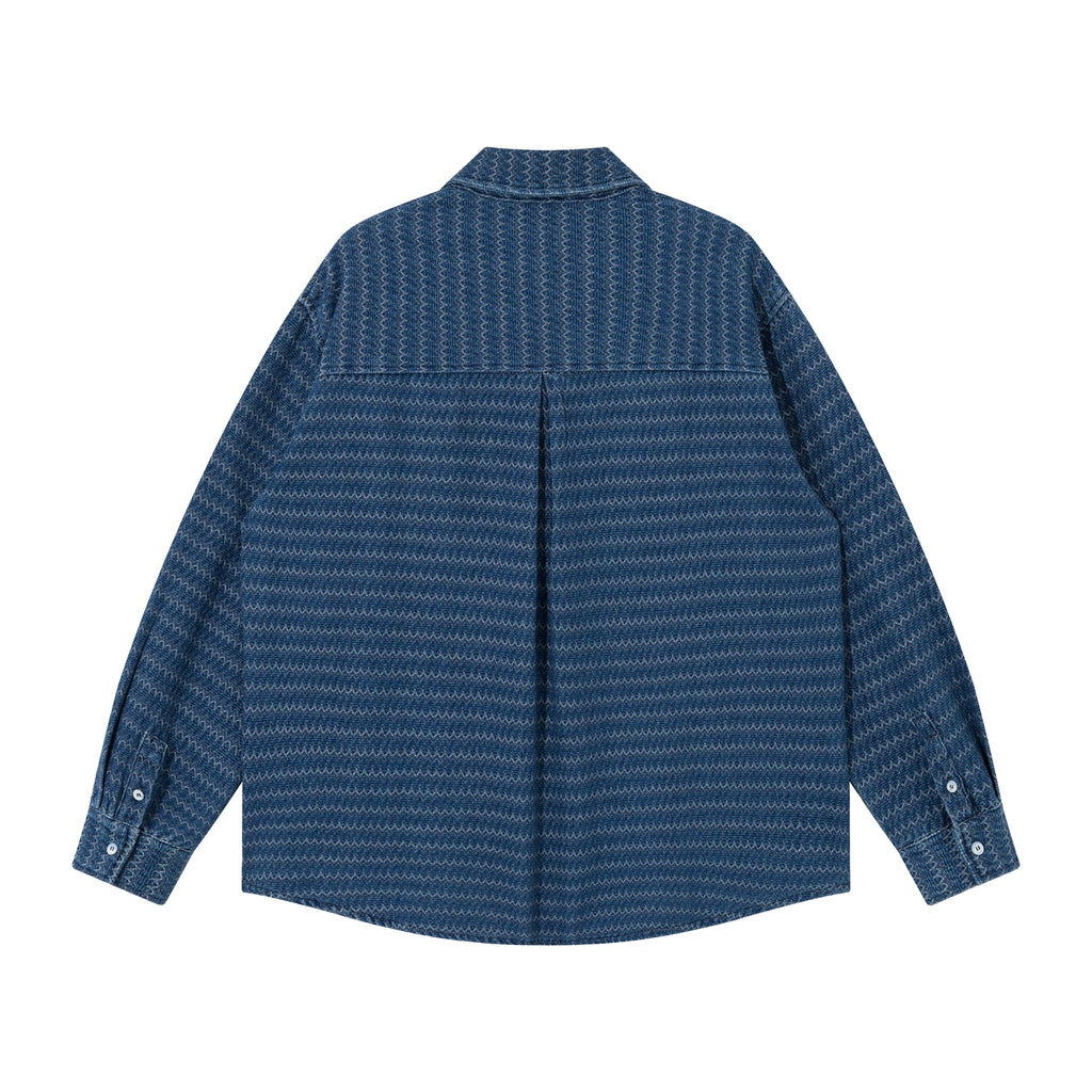 Japanese Ethnic Jacquard Denim Shirt Jacket – Loose & Cozy for Autumn/Winter