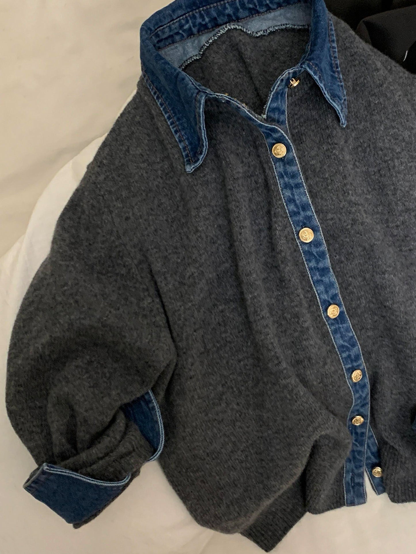 European Vintage Denim Patchwork Knit Cardigan - Polo Collar Sweater Jacket (Women)