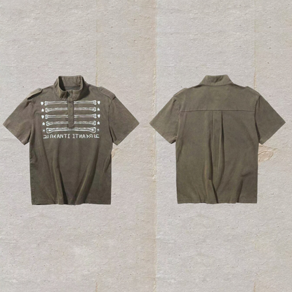Illusion Print Stand-Collar Polo Shirt – Heavyweight Distressed Streetwear Tee