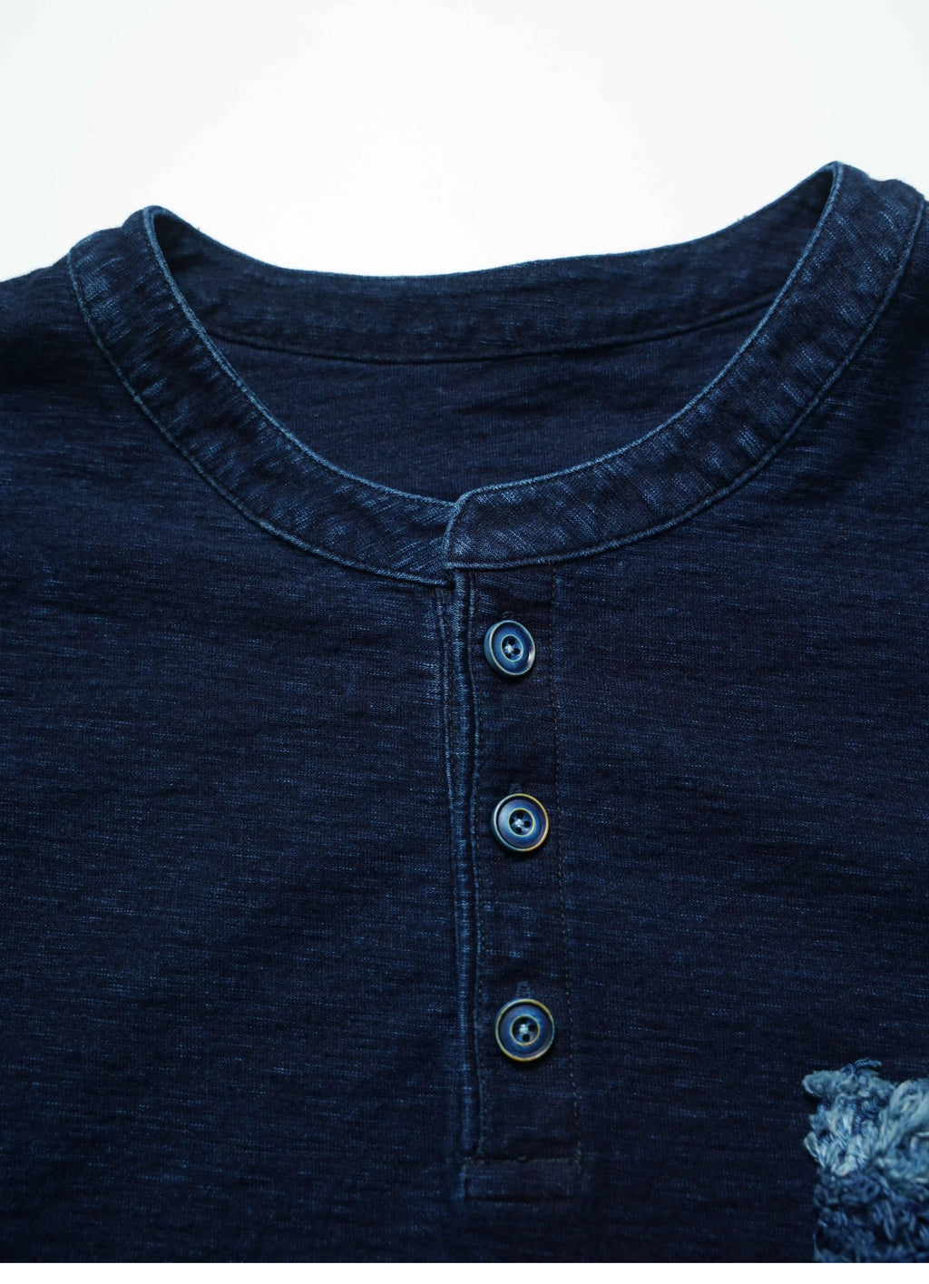 Original retro heavy-weight high-density bamboo-pattern boro ragged Kendo thorn blue-dyed Henry collar short-sleeved T-shirt