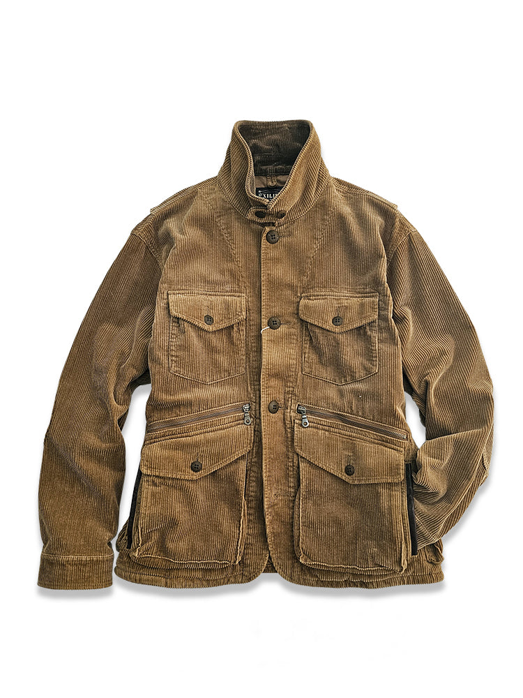 Corduroy Western Hunting Jacket for Men, Washed Multi-Pocket Outdoor Adventure Workwear Retro Windbreaker Jacket