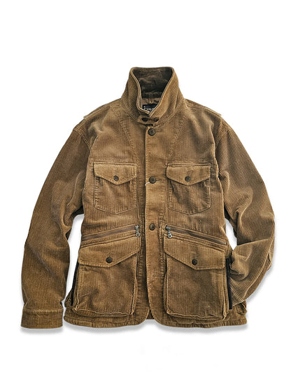 Corduroy Western Hunting Jacket for Men, Washed Multi-Pocket Outdoor Adventure Workwear Retro Windbreaker Jacket
