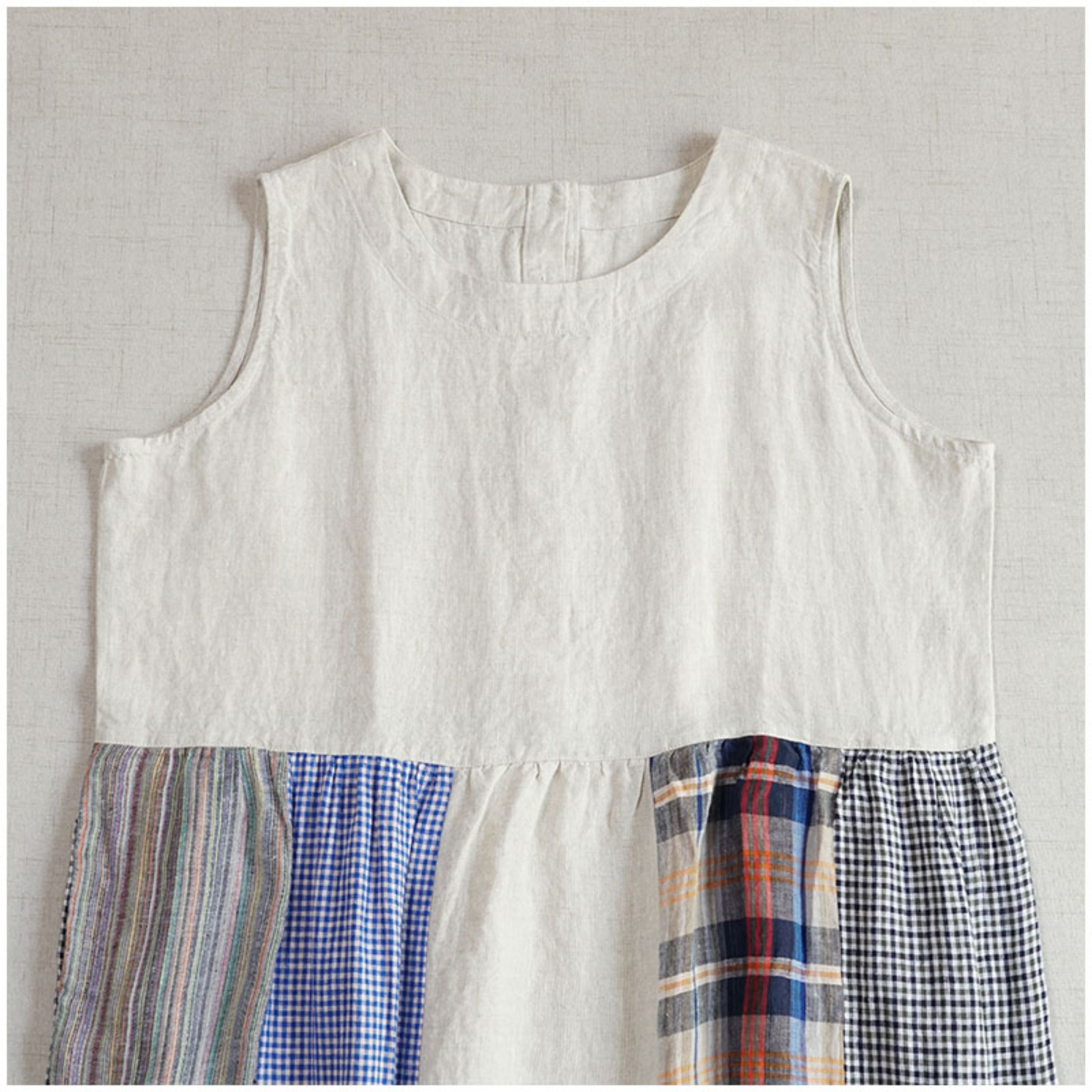 Linen Color-Block Mori Girl Tank Dress – High-Waist, Loose, Round Neck