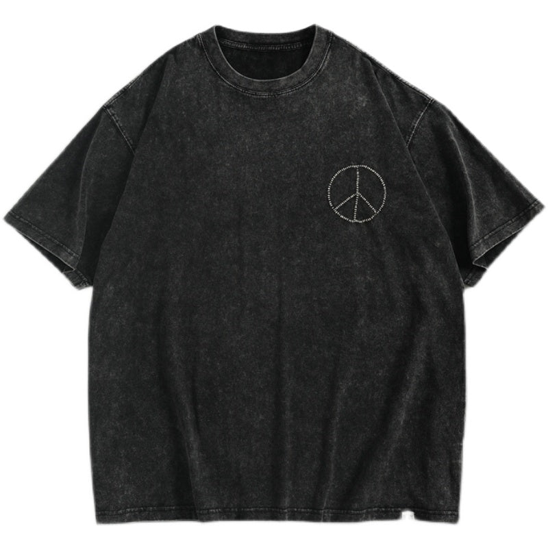 Handmade Anti-War Symbol Embroidered Heavy Cotton Tee – Unisex 270g Crewneck, Loose Fit
