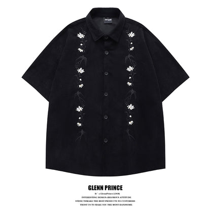 American Retro Floral Embroidery Corduroy Short Sleeve Shirt for Men Summer Trendy Brand Niche Loose Shirt