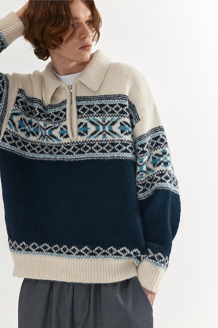 Coke Life Carpem Unisex Retro Fair Isle Sweater Jacket - Autumn Wool Zipper Loose Lazy Style Top