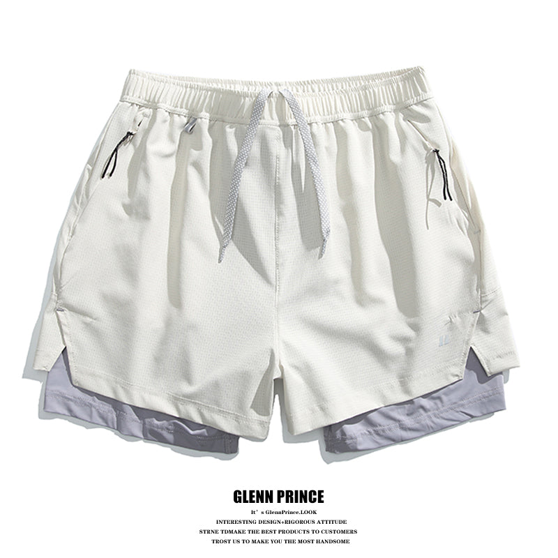 Summer Outdoor Fake Two-Piece Double-Layer Running Sports Shorts for Men Anti-Exposure Quick-Dry Cycling Training Shorts