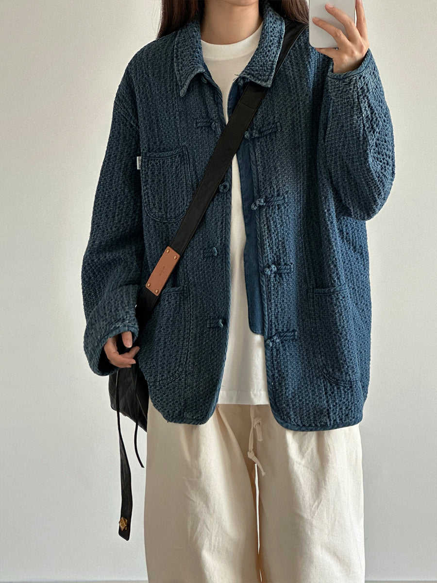 New Chinese Style Textured Jacket Washed Vintage Jacket Japanese Style Button Gradient Denim Loose Workwear Unisex
