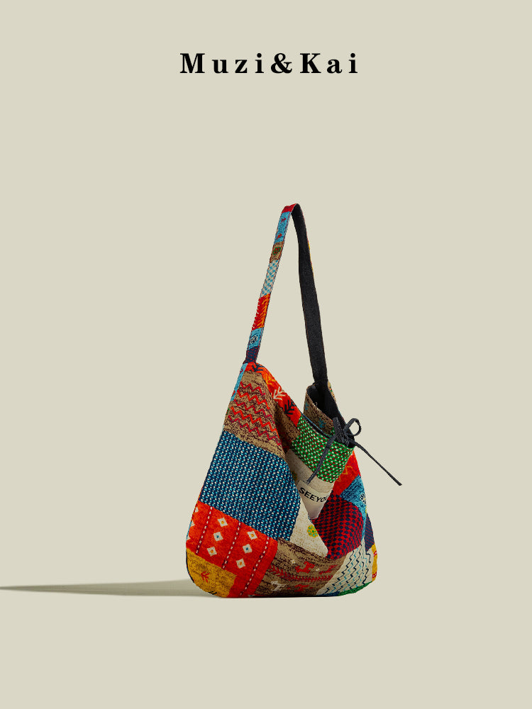 Large Capacity Tote Bag for Women 2025 New Fashion Retro Color Block Versatile Casual Commuter Shoulder Bag