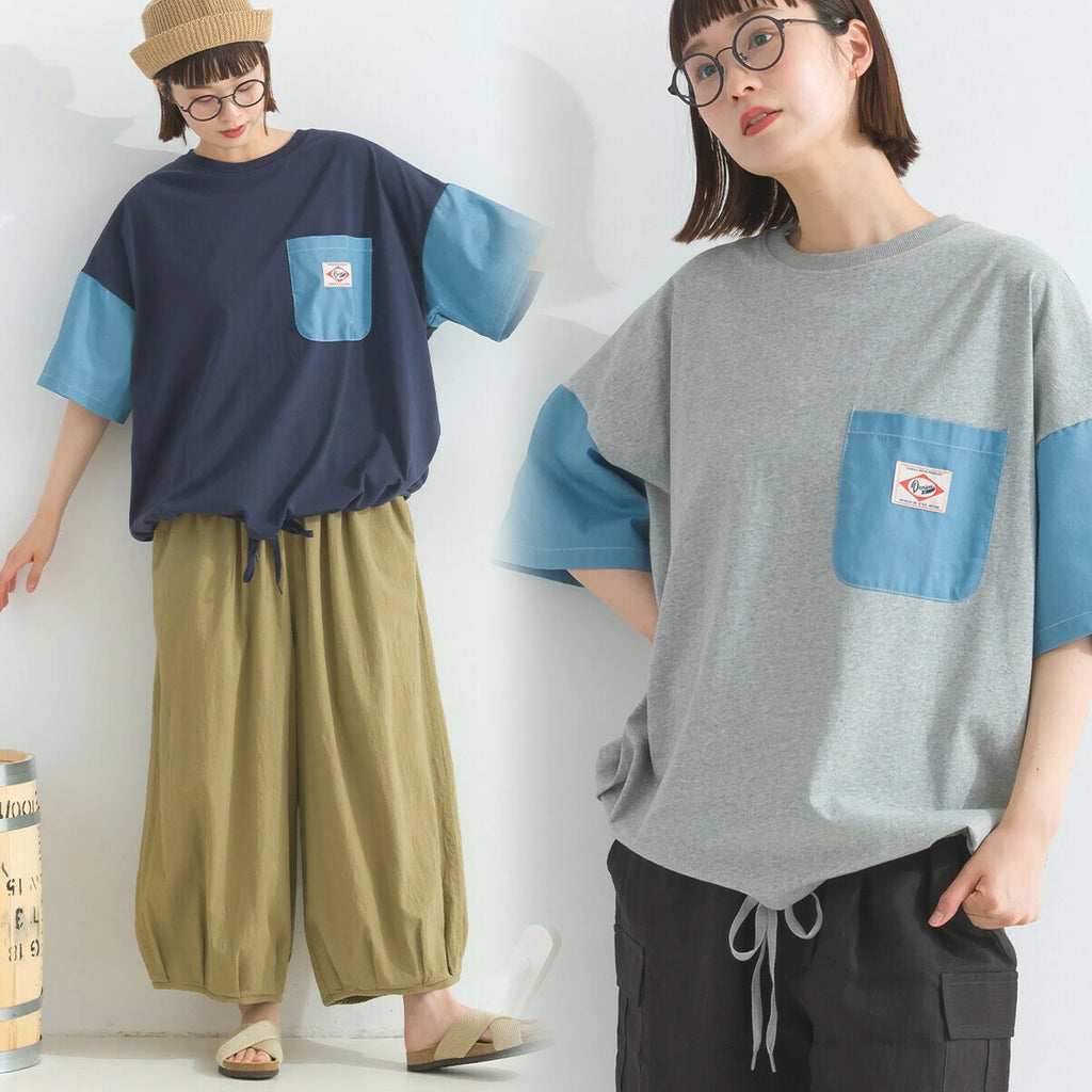 Japanese Style Stitching Denim Pocket Letters Profile T-shirt Designer Loose Casual Summer Patch