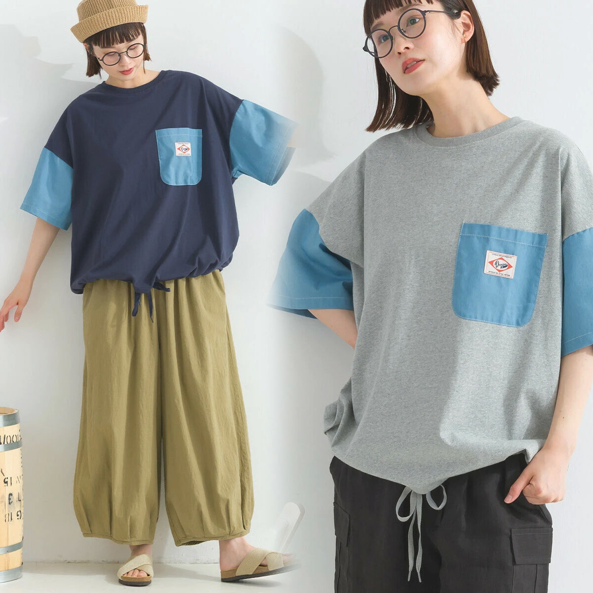 Japanese Style Stitching Denim Pocket Letters Profile T-shirt Designer Loose Casual Summer Patch