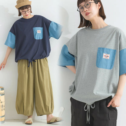 Japanese Style Stitching Denim Pocket Letters Profile T-shirt Designer Loose Casual Summer Patch
