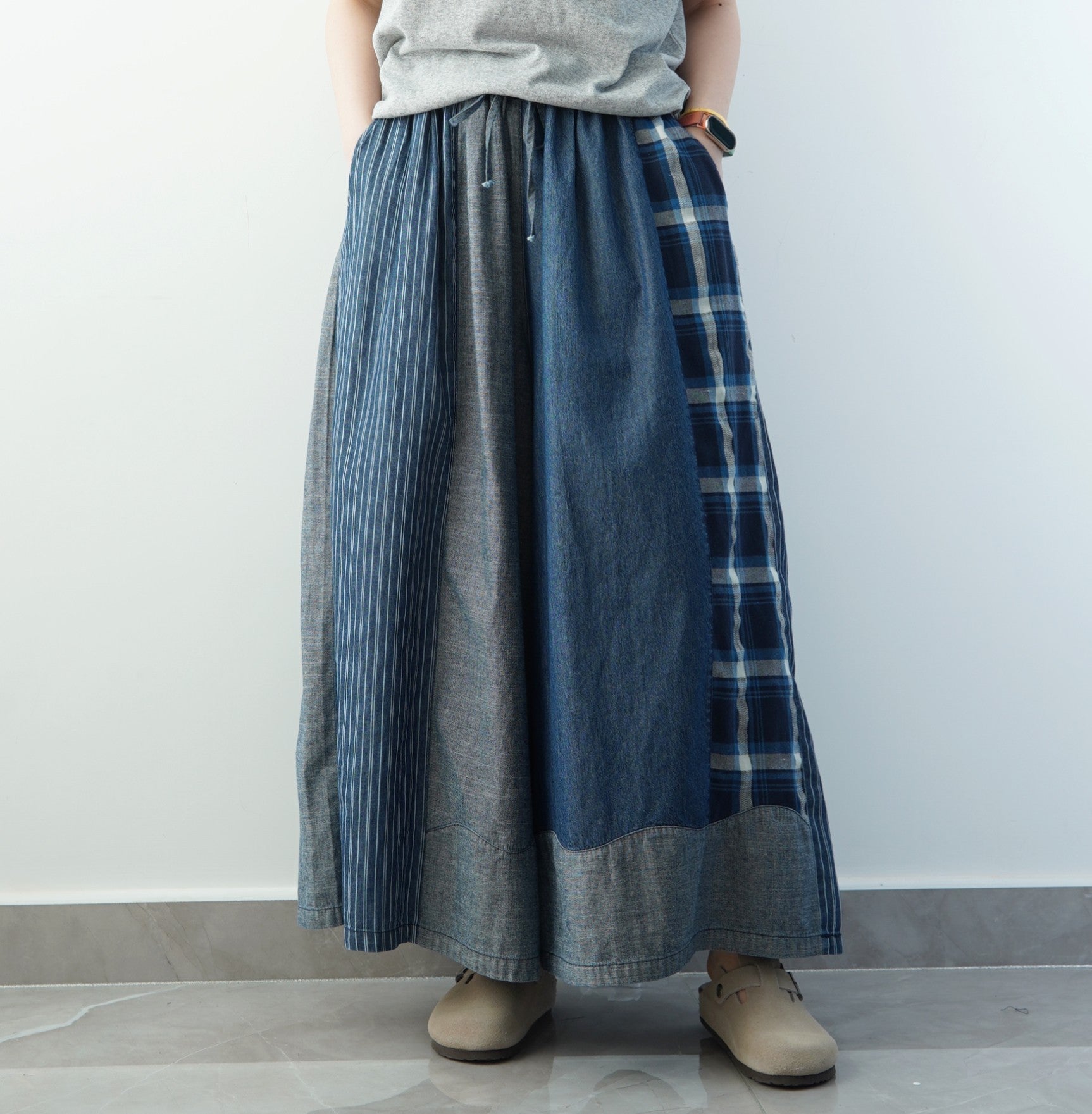 100% Cotton! Color Block Retro Denim Wide Leg Skirt Pants