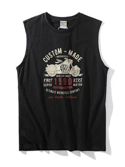 American-Retro Washed 100% Cotton Printed Sleeveless Vest – Trendy Summer Sports Casual Tee