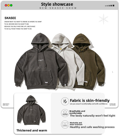 Unisex Vintage Fleece Hoodie - Hong Kong Style Thickened Loose Couple Sweatshirt