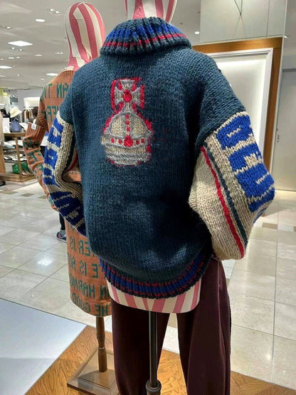 American Retro Heavy Stitch Polo Cardigan – Loose Knit Sweater Jacket
