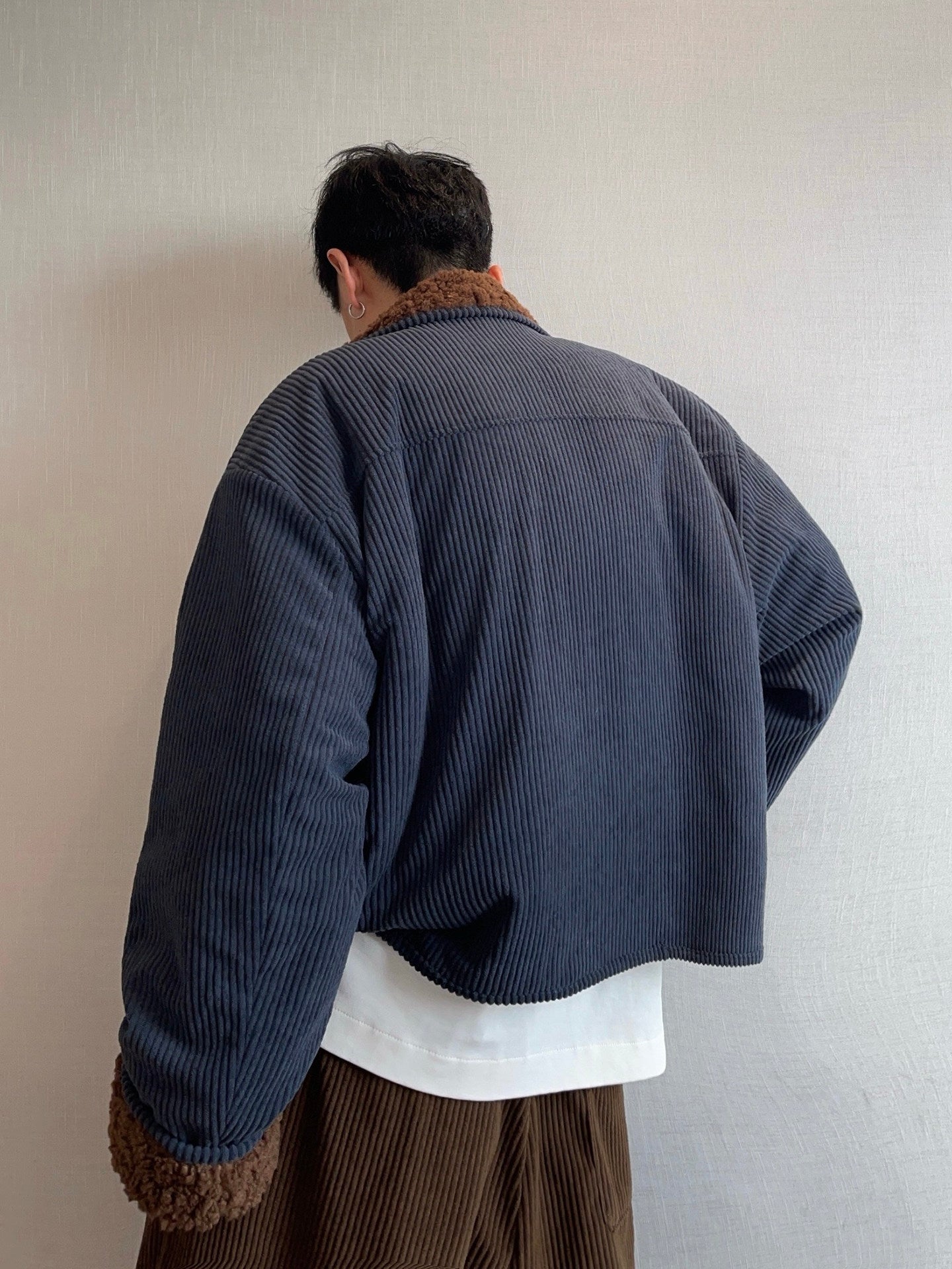 Dannyandzee Navy Blue Corduroy Plush Jacket - Coffee Cloud Warm Coat (Unisex)