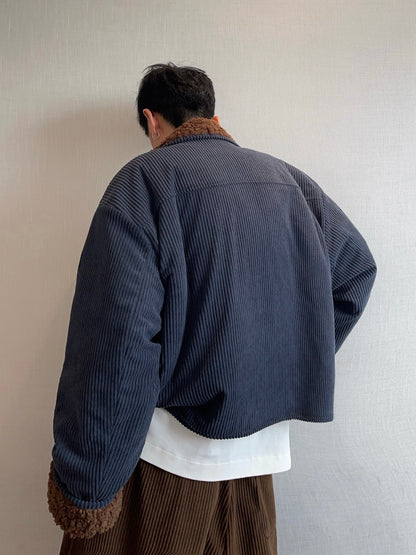 Dannyandzee Navy Blue Corduroy Plush Jacket - Coffee Cloud Warm Coat (Unisex)