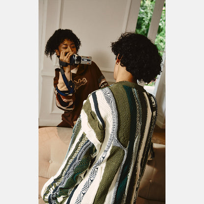 Medria Unisex Retro Bitter Melon Stripe Sweater - Loose Lazy Casual Knitwear