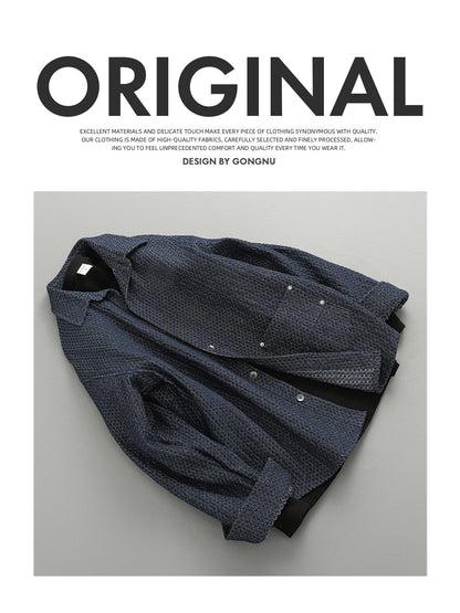 Japanese Retro Lattice Texture Denim Shirt - Loose Casual Lapel Shirt (Men)