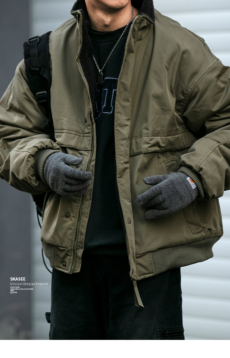 Japanese Style Trendy Brand Lamb Wool Stand Collar Cotton Jacket Men Winter Trendy Brand Couple Loose Thickened Warm Workwear Cotton Coat Jacket